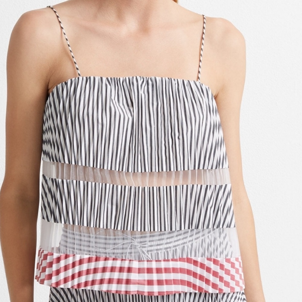 Club Monaco Sunburst Baby Doll Sheer Red Black White Chemise StripePleated Small
